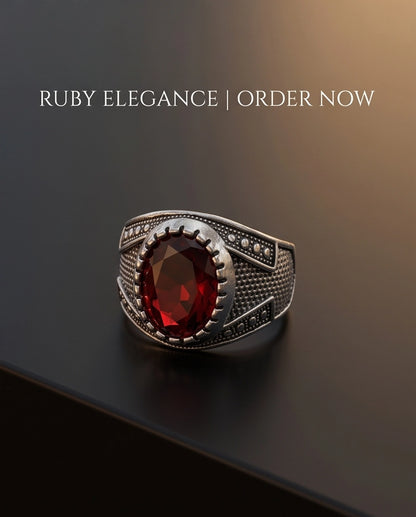 Ruby Gemstone Notched Bezel Stippled Silver Ring