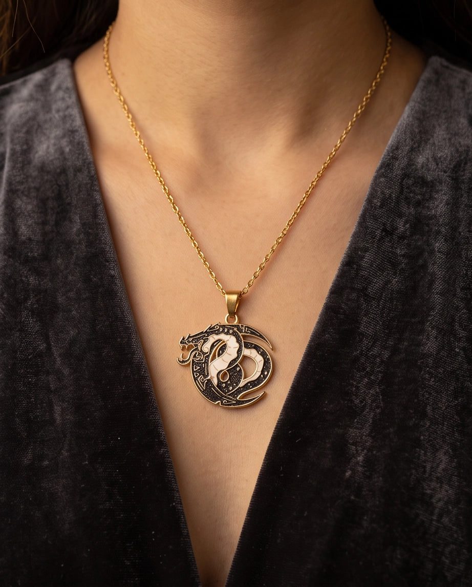 Gold Coiled Dragon Black & White Enamel Pendant Necklace
