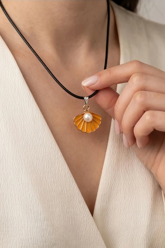 Golden Yellow Seashell Enamel Pendant Necklace with Faux Pearl