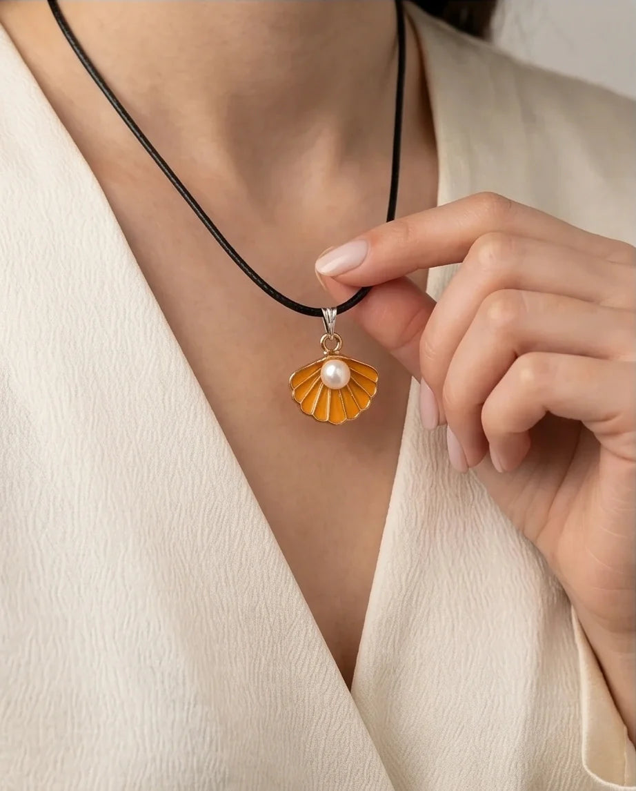 Golden Yellow Seashell Enamel Pendant Necklace with Faux Pearl