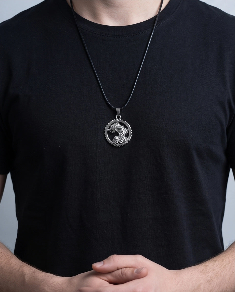 Silver Wolf and Skull Medallion Cord Necklace