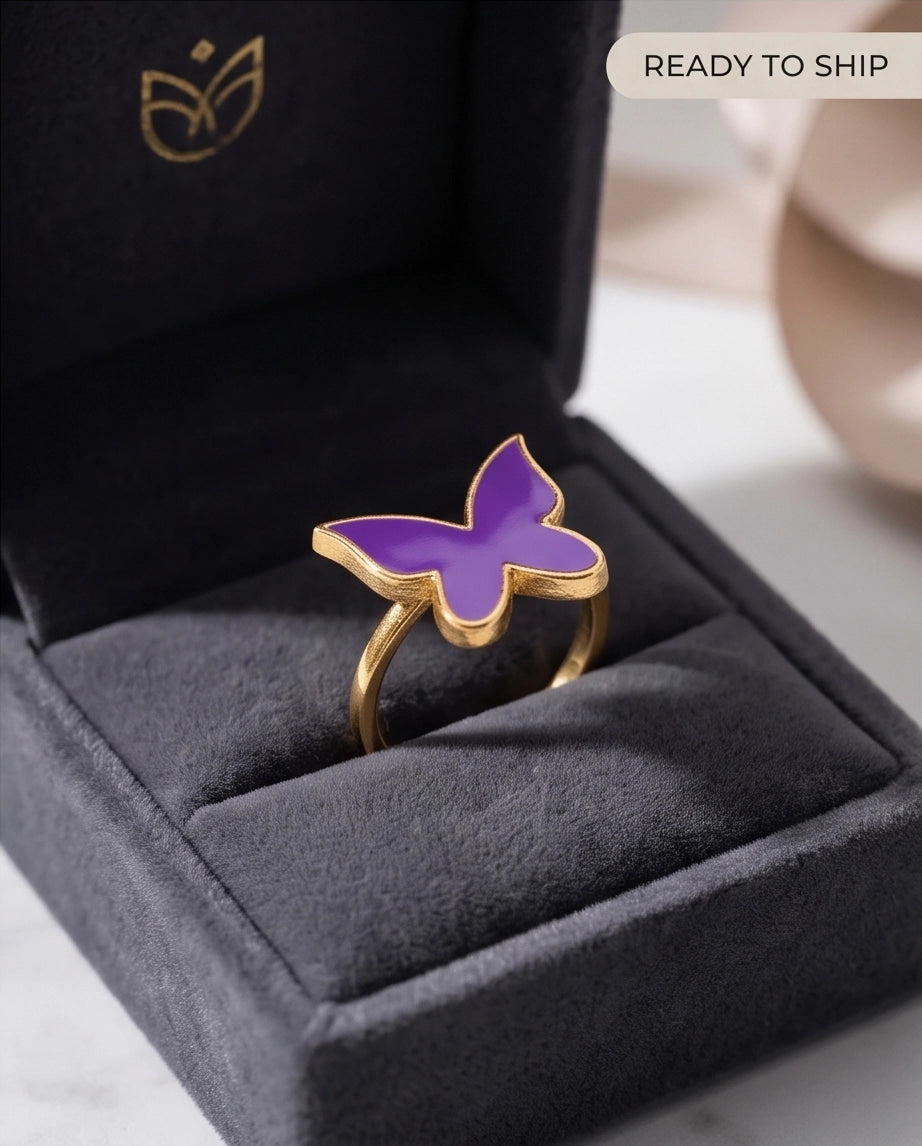 Gold Purple Butterfly Enamel Ring