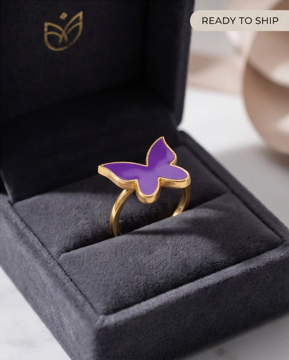 Gold Purple Butterfly Enamel Ring