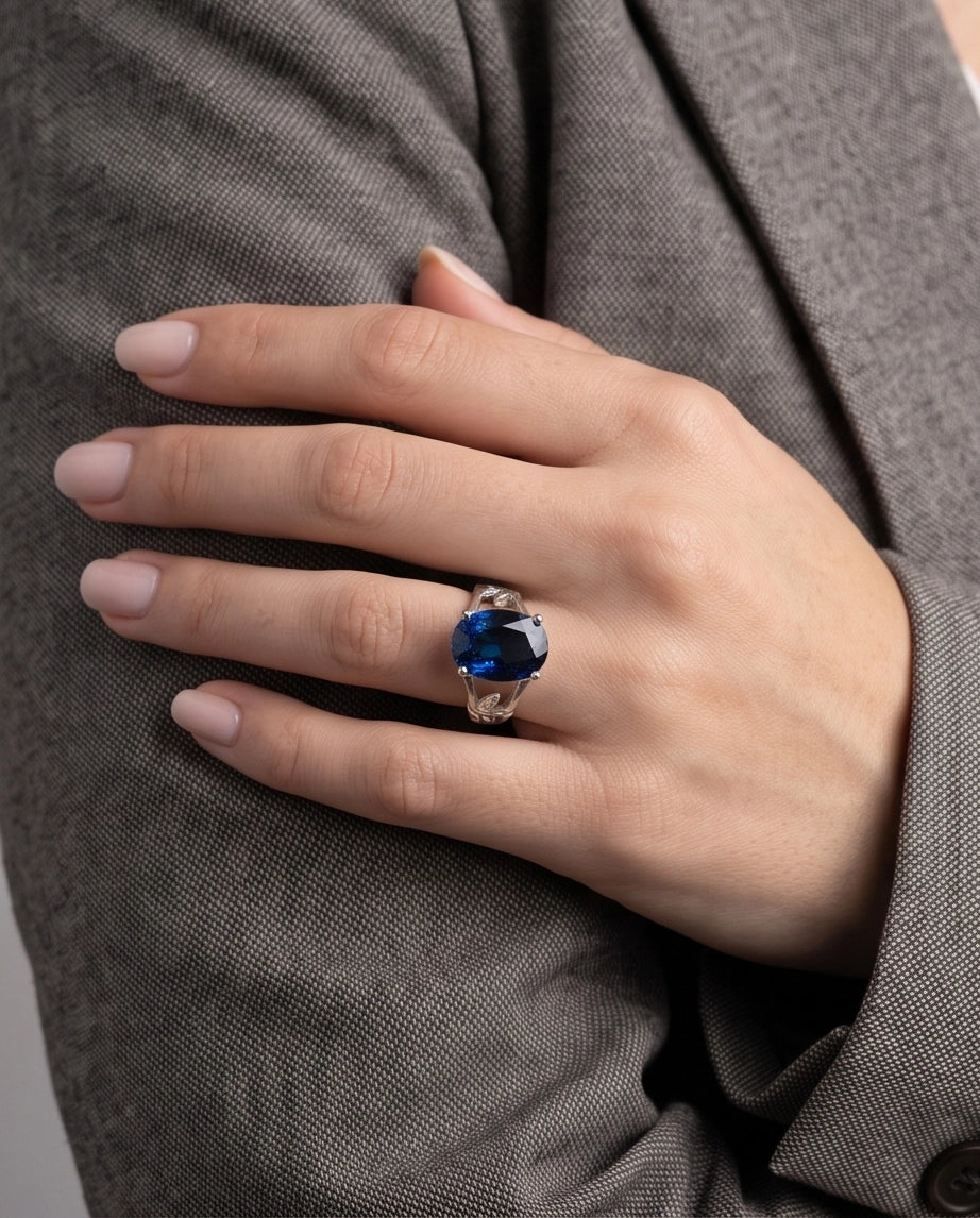 Silver Oval Sapphire Botanical Solitaire Ring