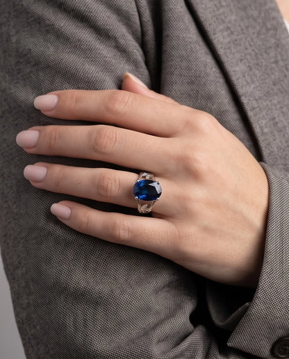 Silver Oval Sapphire Botanical Solitaire Ring