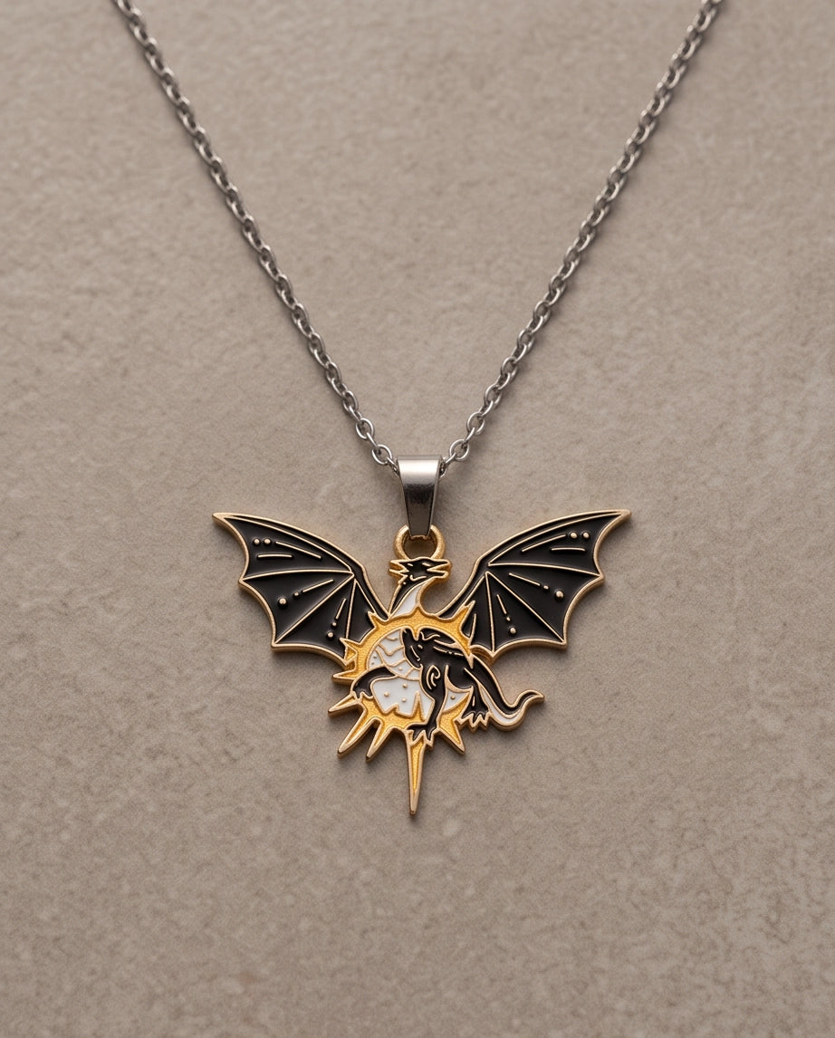 Gold Celestial Winged Dragon Enamel Pendant Necklace