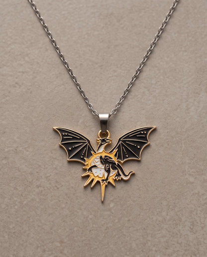 Gold Celestial Winged Dragon Enamel Pendant Necklace