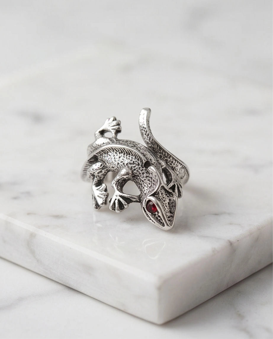 Ruby-Eyed Sculpted Lizard Wrap Ring