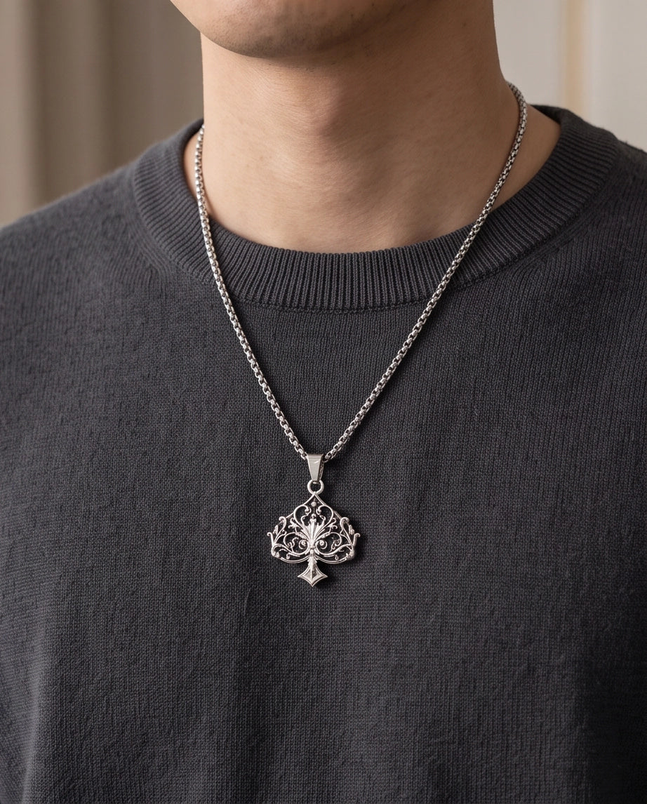 Silver Filigree Ace of Spades Pendant Necklace
