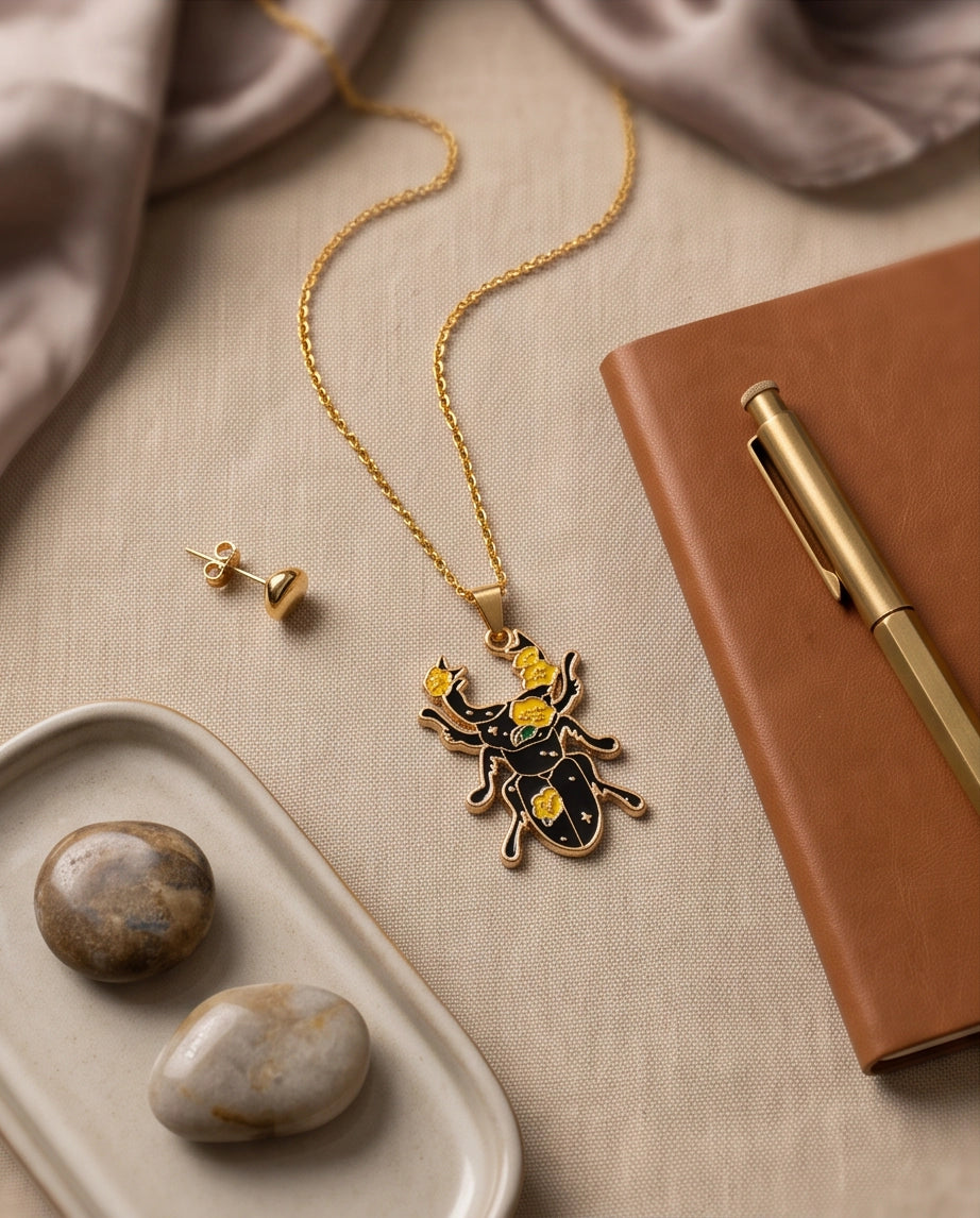 Gold Floral Stag Beetle Enamel Chain Necklace
