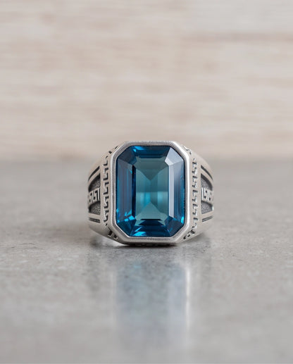 Aquamarine Emerald-Cut Gemstone Engraved Geometric Silver Ring