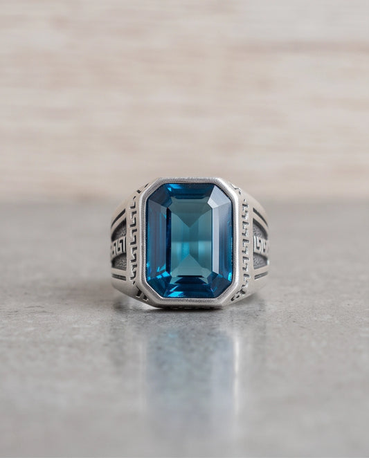 Aquamarine Emerald-Cut Gemstone Engraved Geometric Silver Ring