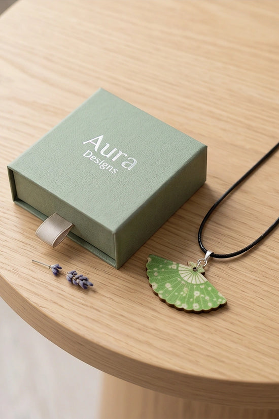 Vintage Green Matcha Floral Hand-Fan Pendant Necklace