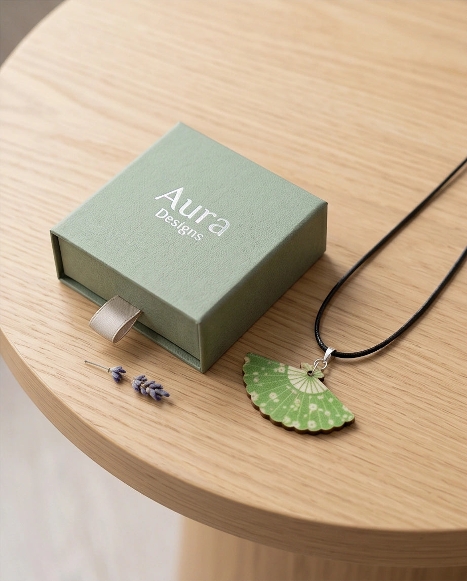 Vintage Green Matcha Floral Hand-Fan Pendant Necklace
