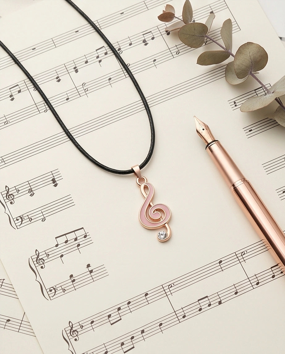Rose Gold Pink Treble Clef Music Necklace