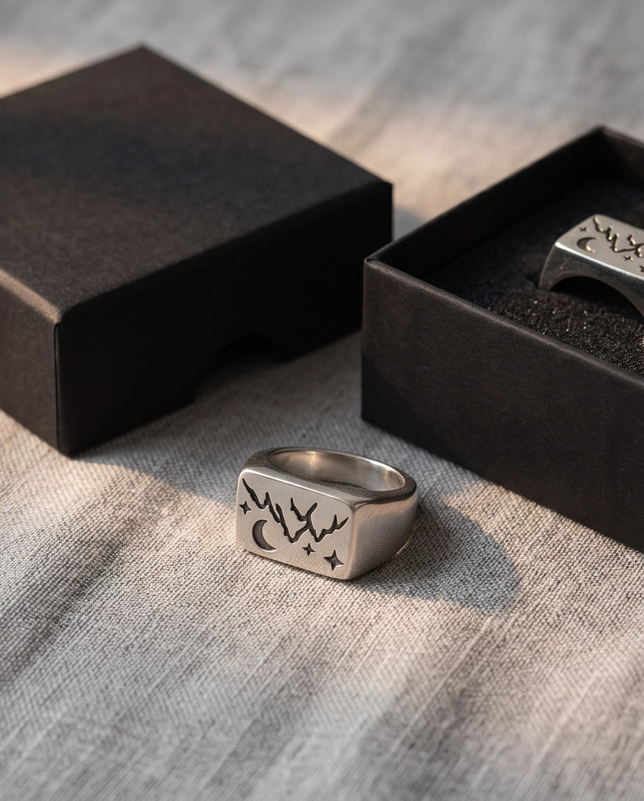 Celestial Mountain & Moon Signet Ring