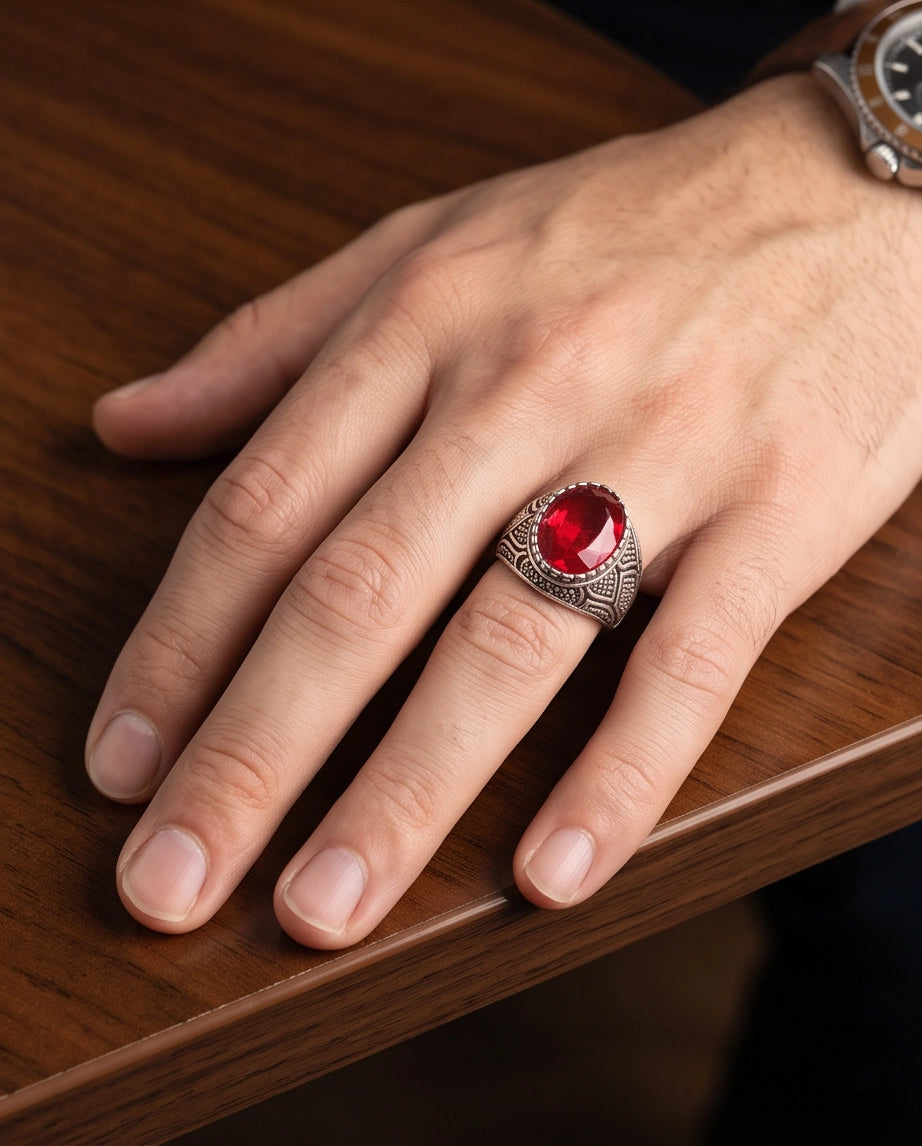 Ruby Gemstone Beaded Bezel Scale-Lattice Silver Ring