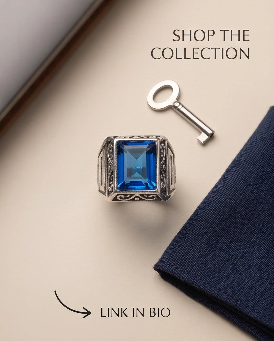 Sapphire Gemstone Rectangular Filigree Bezel Silver Ring
