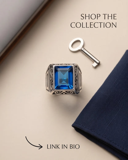 Sapphire Gemstone Rectangular Filigree Bezel Silver Ring