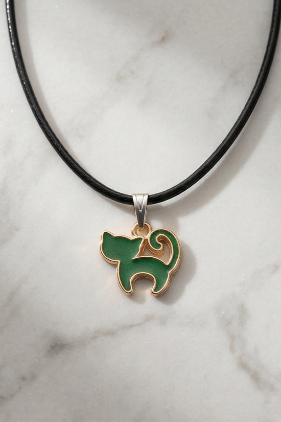 Gold and Green Cat Pendant Necklace