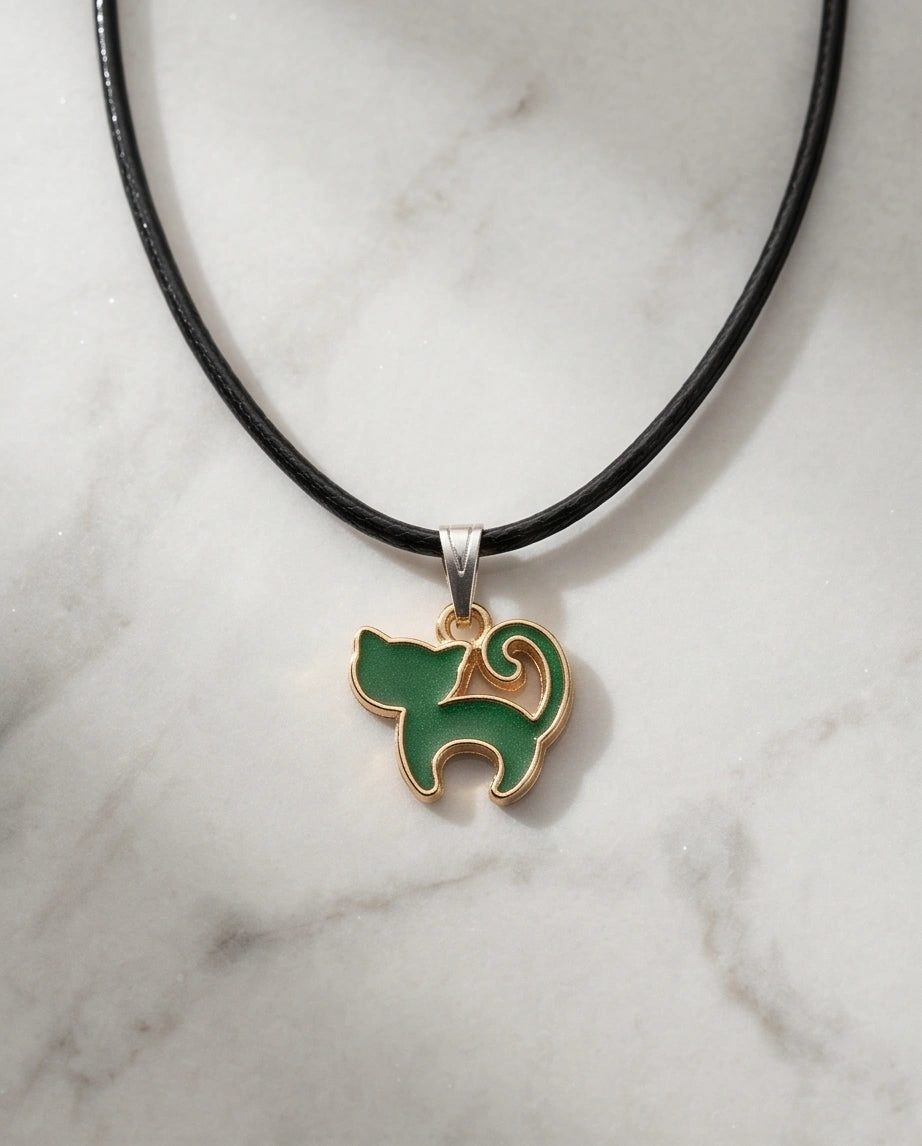 Gold and Green Cat Pendant Necklace