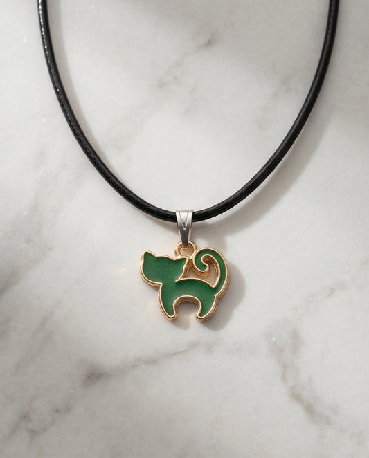 Gold and Green Cat Pendant Necklace