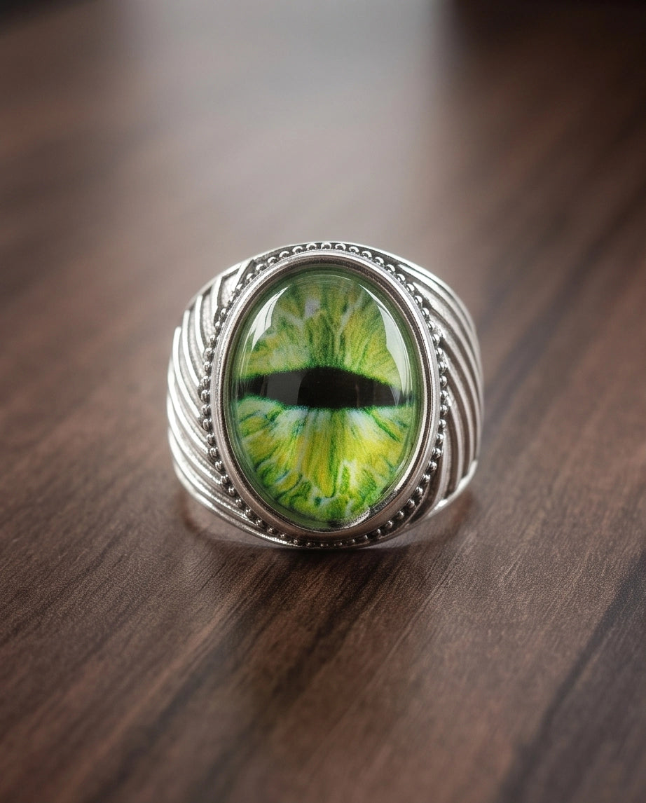 Emerald Serpent Eye Beaded Silver Ring