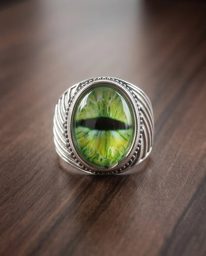 Emerald Serpent Eye Beaded Silver Ring