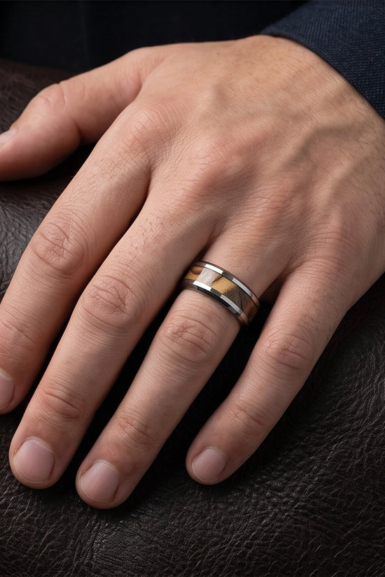 Natural Olive Wood Inlay Silver Band Ring