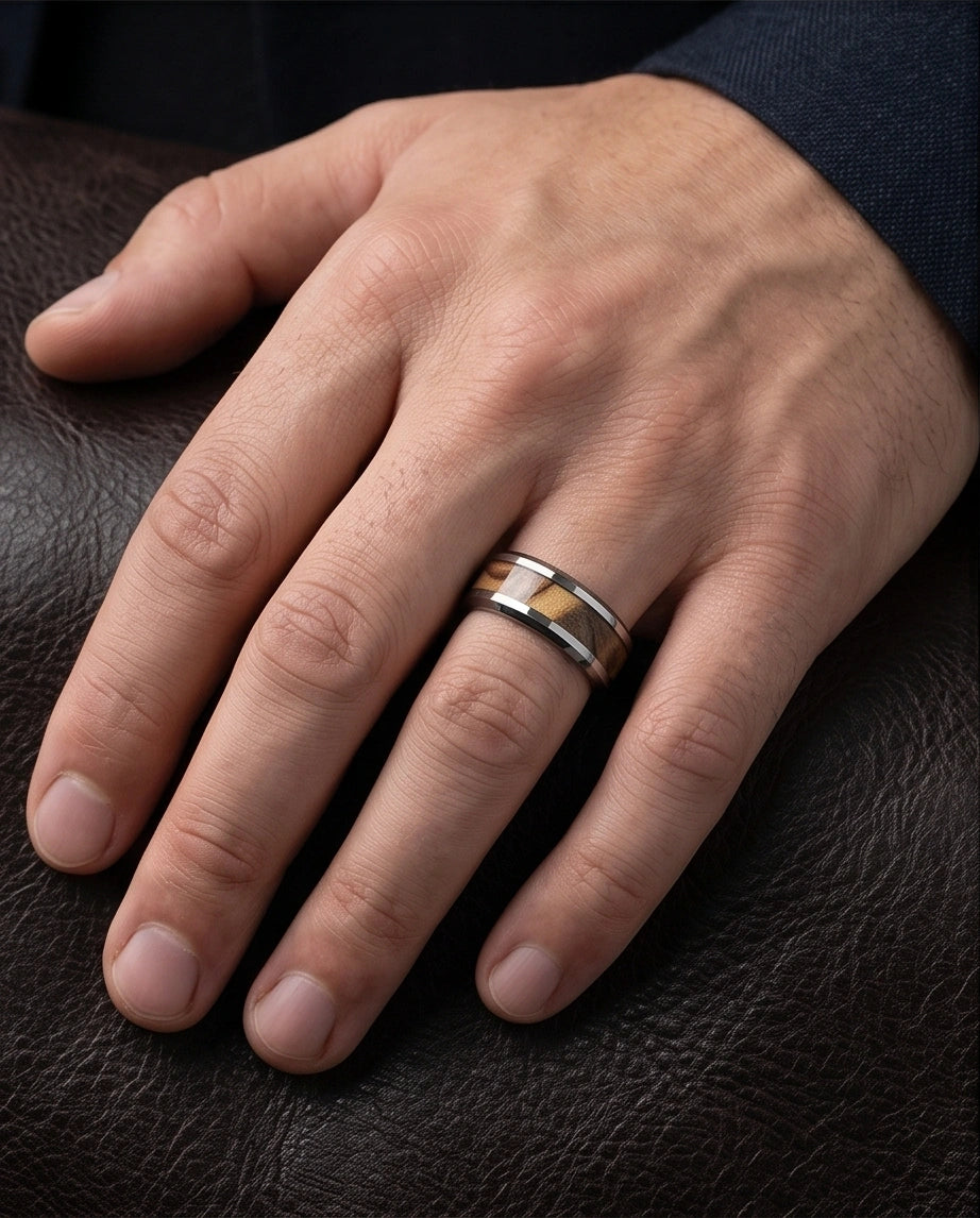 Natural Olive Wood Inlay Silver Band Ring
