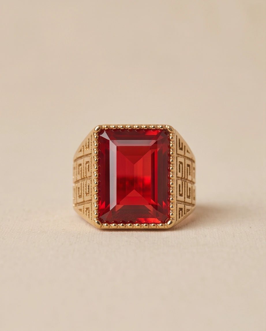 Ruby Red Emerald-Cut Gemstone Beaded Bezel Greek Key Gold Ring