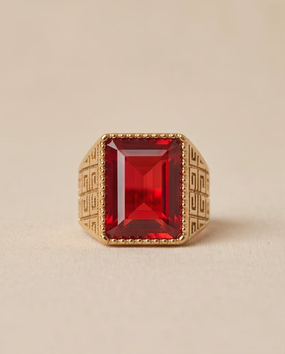 Ruby Red Emerald-Cut Gemstone Beaded Bezel Greek Key Gold Ring