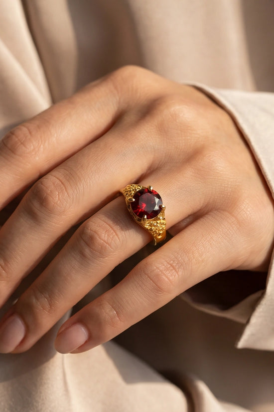 Golden Crimson Botanical Blossom Ring