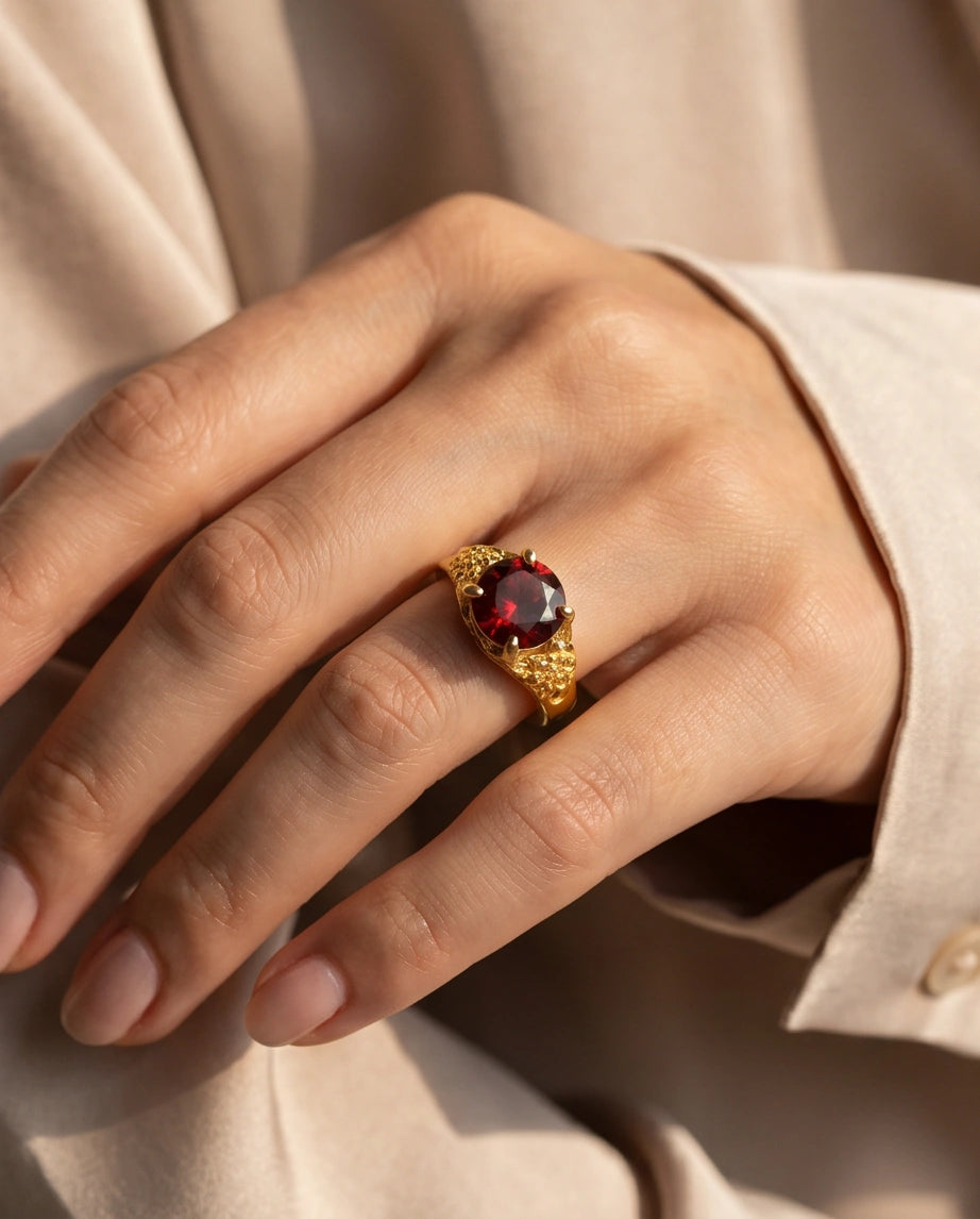 Golden Crimson Botanical Blossom Ring