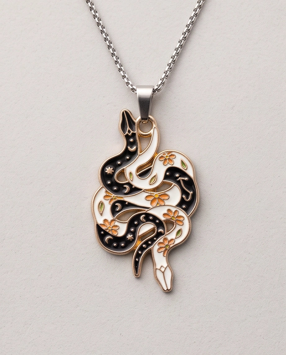 Gold Floral Serpent Enamel Pendant Necklace