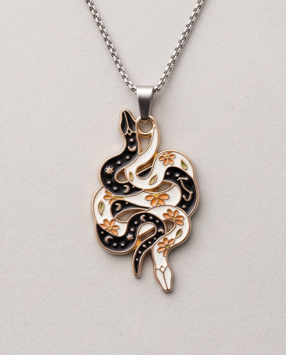 Gold Floral Serpent Enamel Pendant Necklace