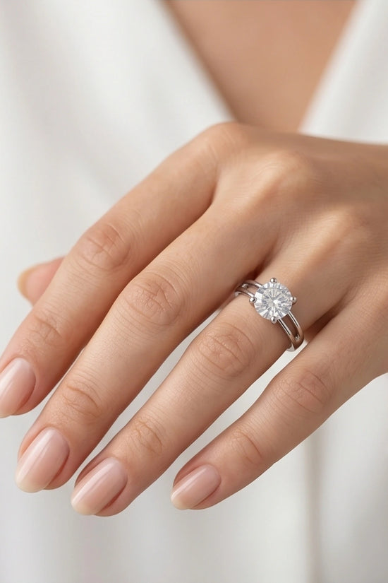 Sterling Silver Round-Cut Split Shank Moissanite Solitaire Ring