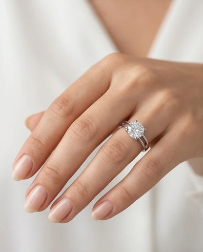 Sterling Silver Round-Cut Split Shank Moissanite Solitaire Ring