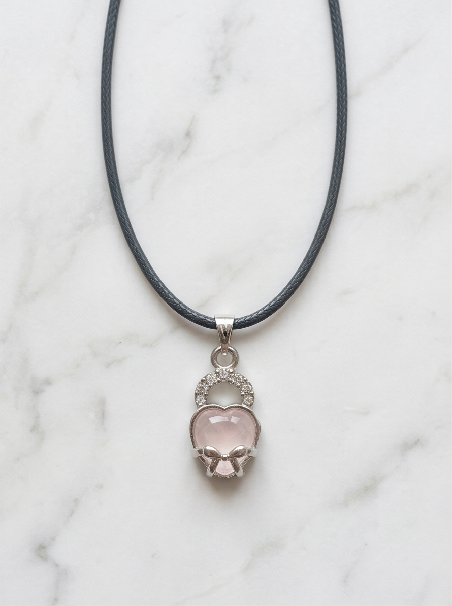 Pink Quartz Heart Bow Lock Pendant Necklace