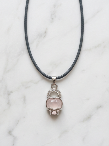 Pink Quartz Heart Bow Lock Pendant Necklace