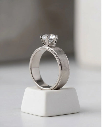 Silver Round Gemstone Brushed Solitaire Ring