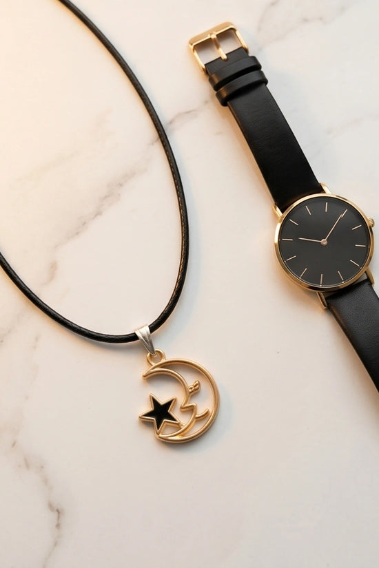 Gold Crescent Moon and Black Star Necklace