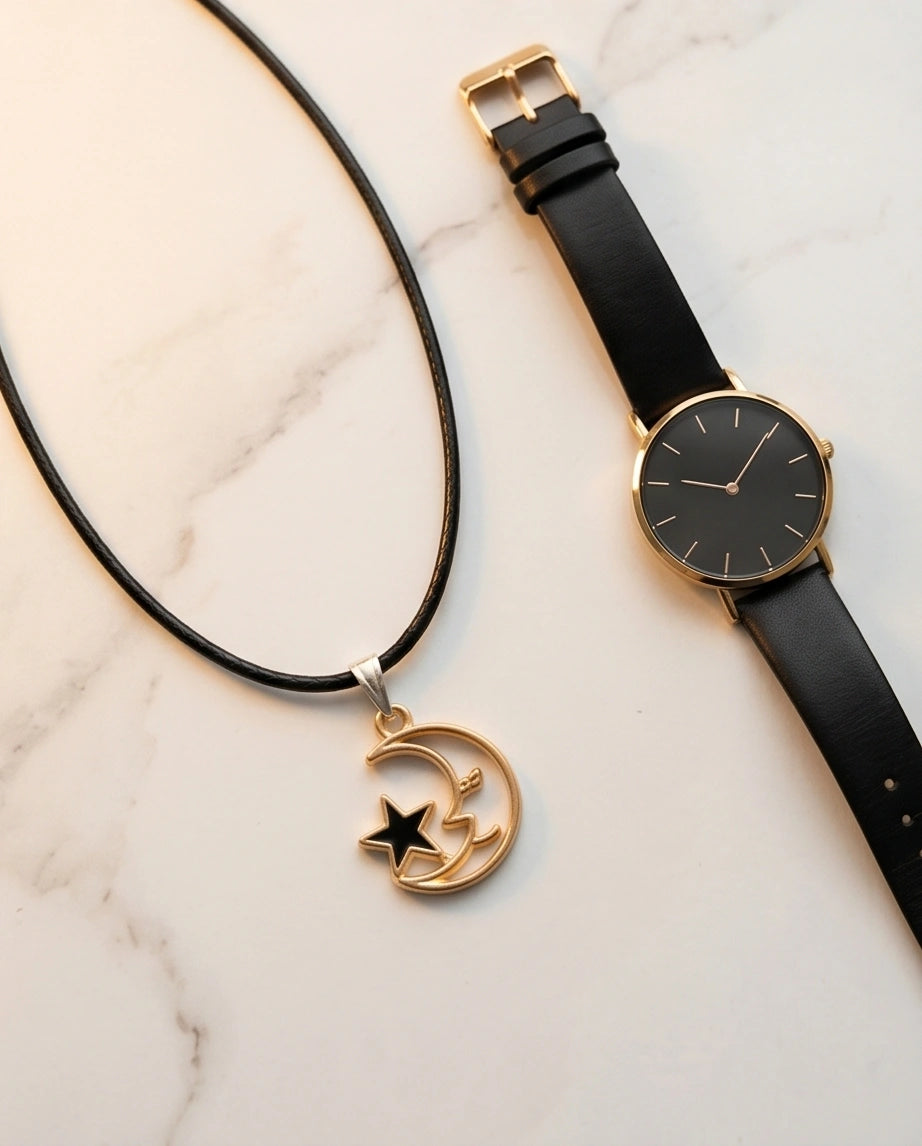 Gold Crescent Moon and Black Star Necklace