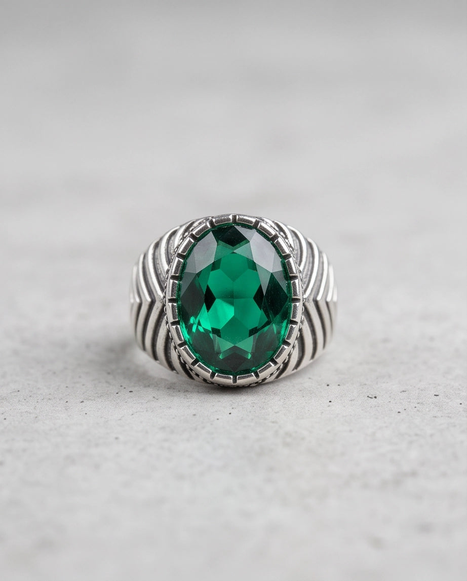 Emerald Gemstone Notched Bezel Chevron Ribbed Silver Ring