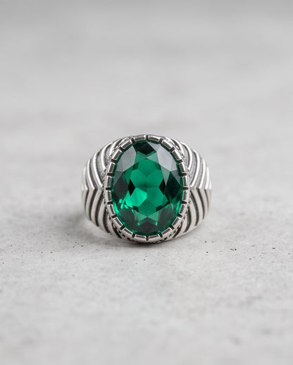 Emerald Gemstone Notched Bezel Chevron Ribbed Silver Ring