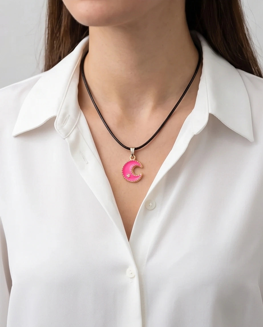 Gold and Pink Celestial Crescent Moon Necklace