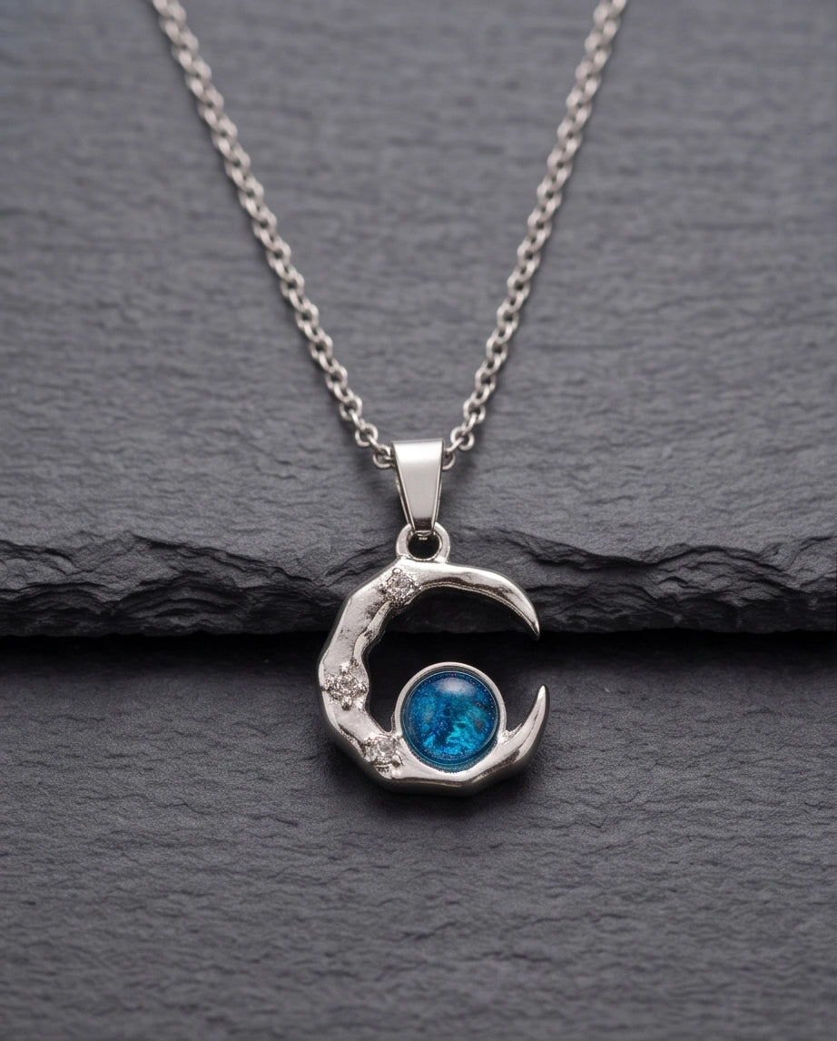 Silver Hammered Crescent Moon Blue Opal Orb Pendant Necklace