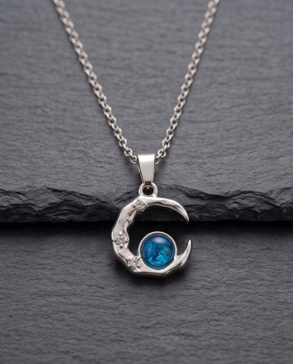Silver Hammered Crescent Moon Blue Opal Orb Pendant Necklace
