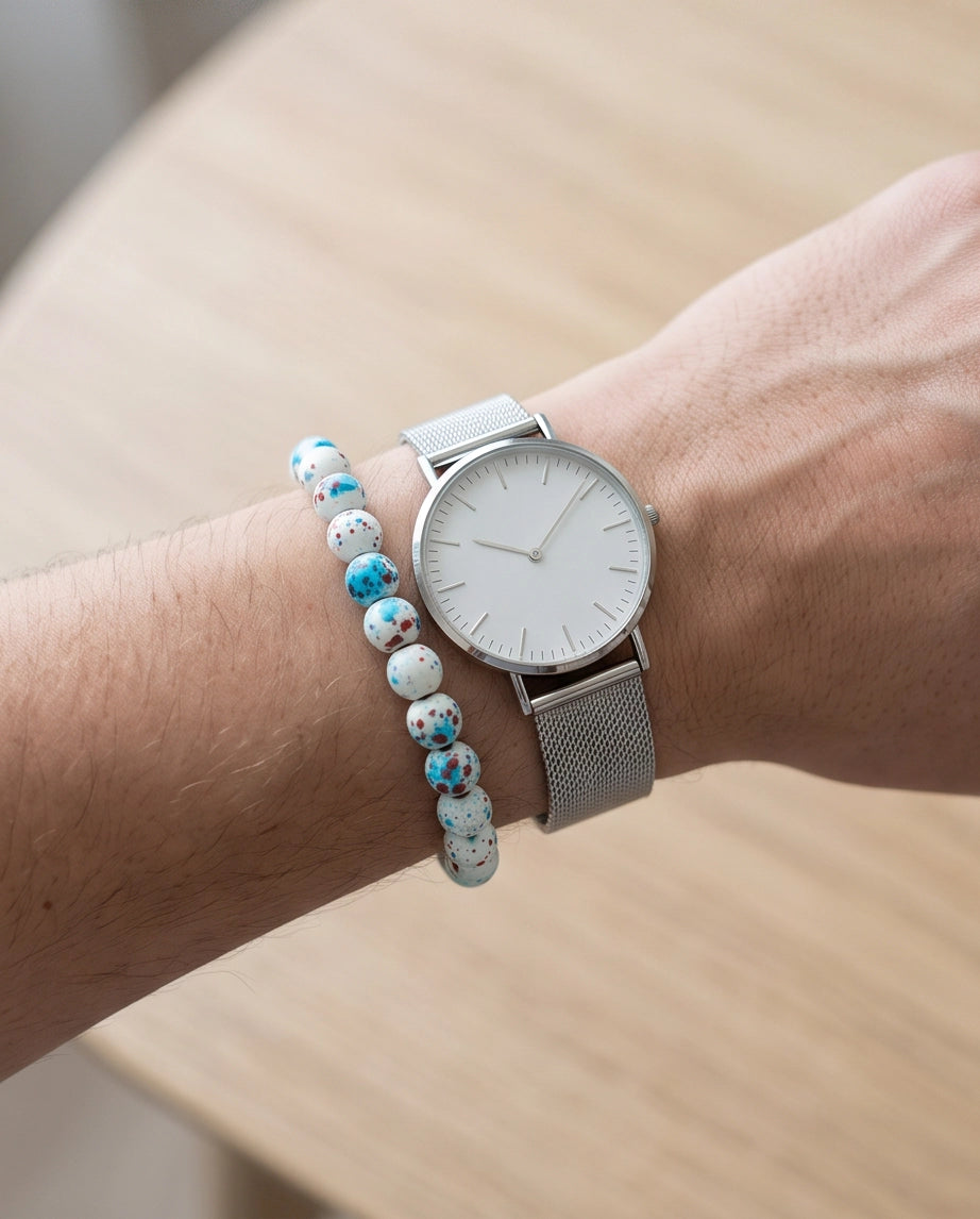Splatter Paint White Ceramic Beaded Adjustable Macrame Bracelet