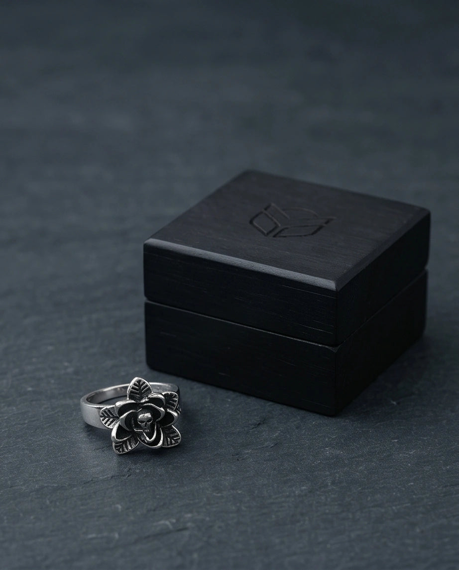 Gothic Sterling Silver Skull Rose Ring